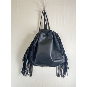 Victoria's Secret Black Fringe Backpack Drawstring Boho Bucket Bag Womens